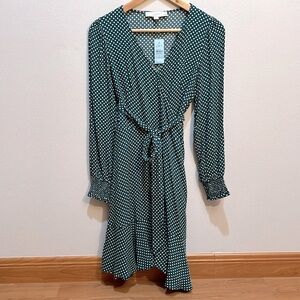 LOFT long sleeves polka dots green wrap dress